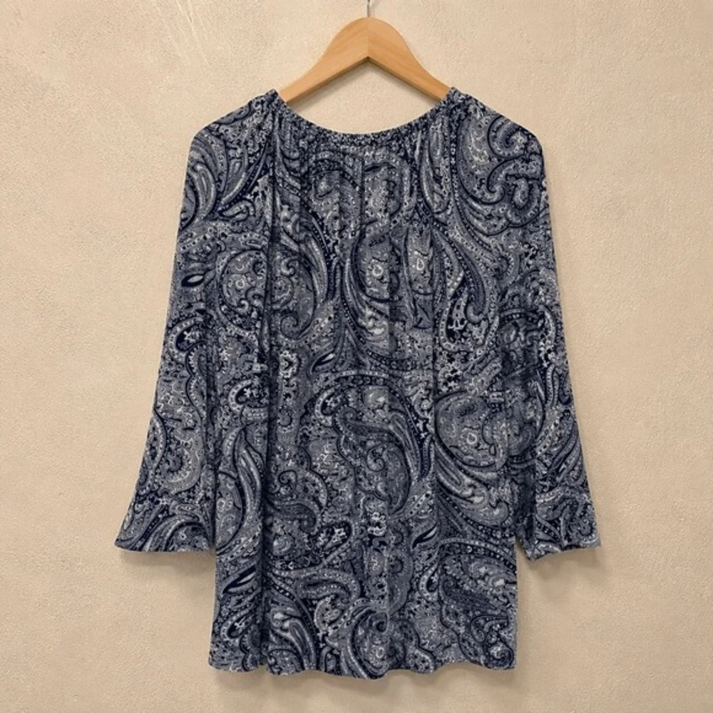Michael Kors Navy White Paisley Tunic Blouse Top 3/4 Bell Sleeve Peasant M